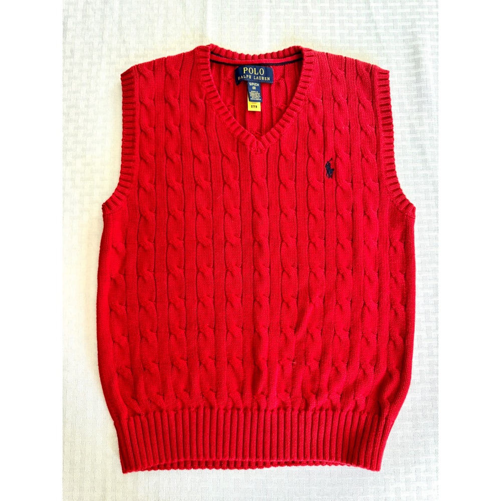 Polo Ralph Lauren Boys Red Cable Knit Cotton Sweater Vest Size S 8 V-Neck Pony
